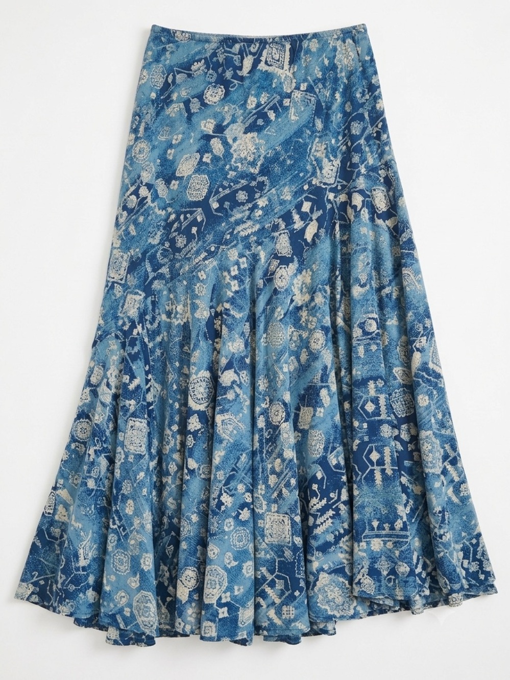 Bunulu Blue Mixed Tile Paisley Print Flared Midi Skirt Boho Coastal Cowgirl
